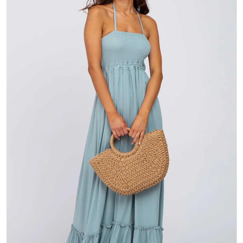 Pink blush, blue halter neck, cut out in the back, adjustable maxi dress size L